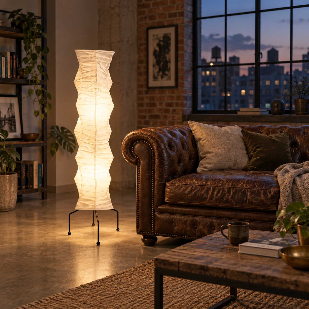 Batalha mulberry paper floor lamp, in a loft.
