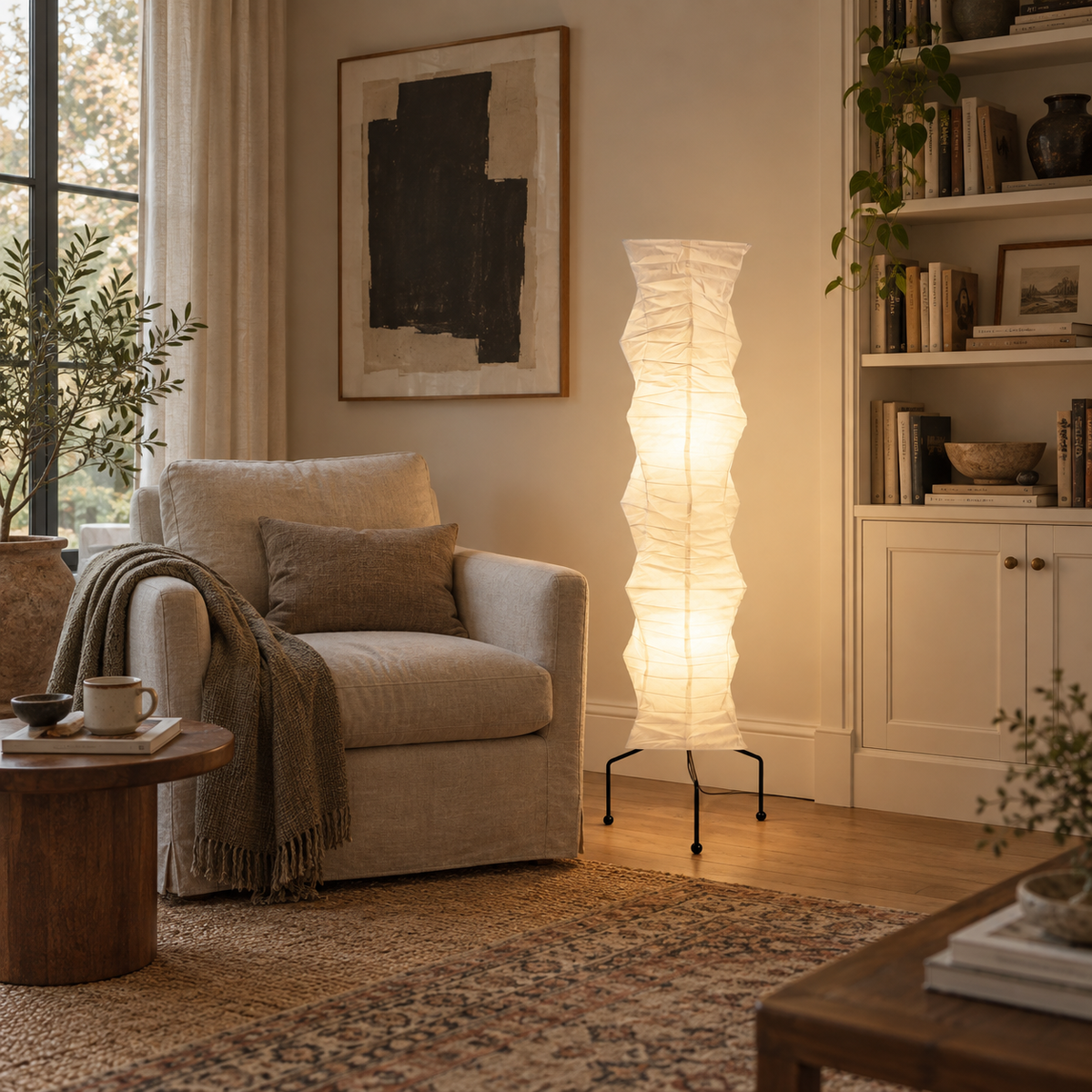 Batalha mulberry paper floor lamp, in a reading nook.
