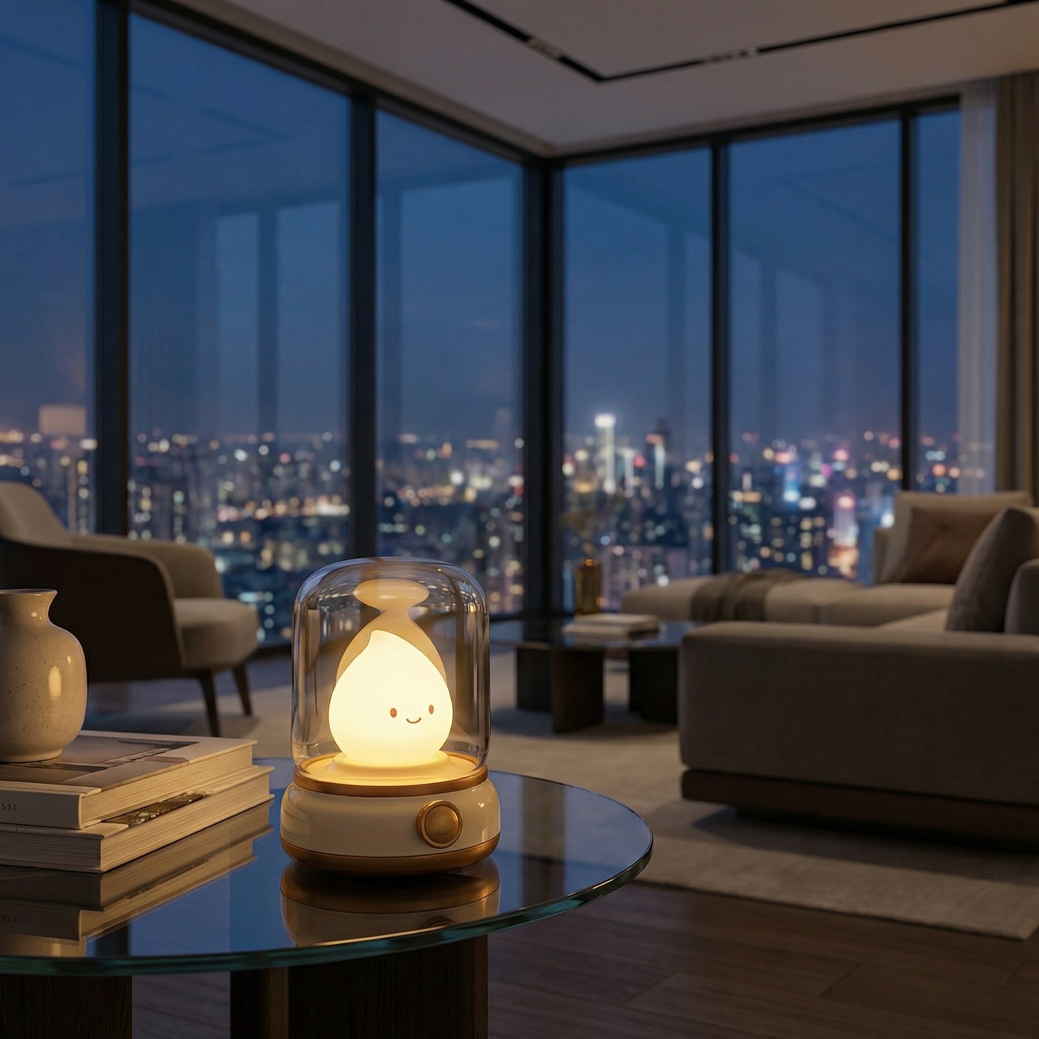 Beige flame LED night light glowing softly on a wooden bedside table.