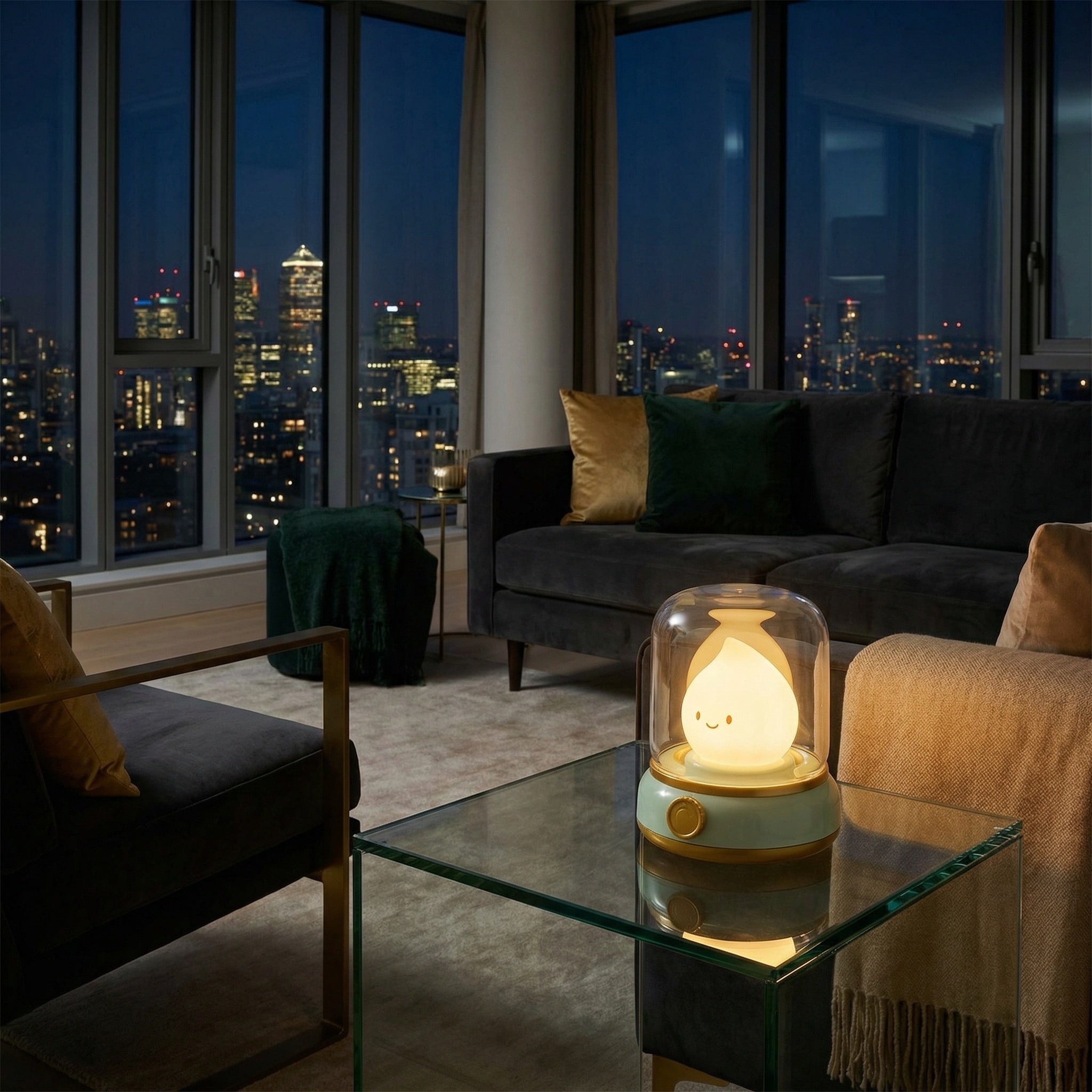 Green flame LED night light beside a linen-headboard bed.