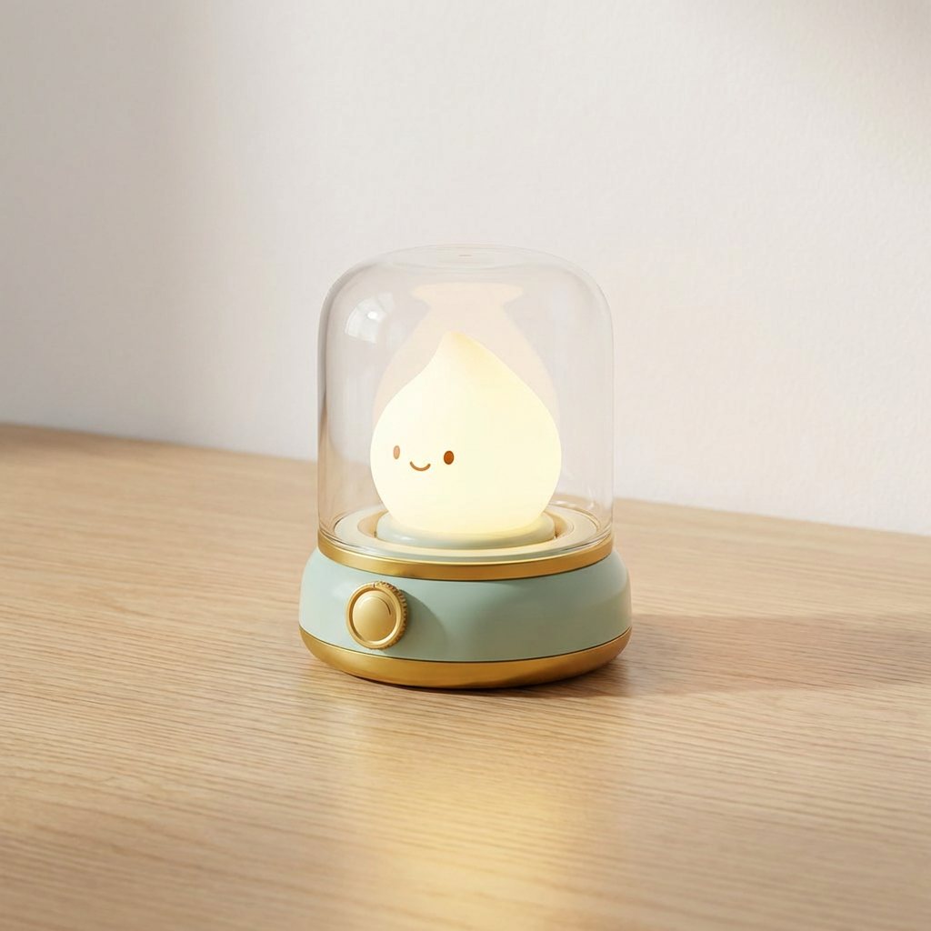 Small kerosene-style flame LED night light with green base and glass dome, product shot.