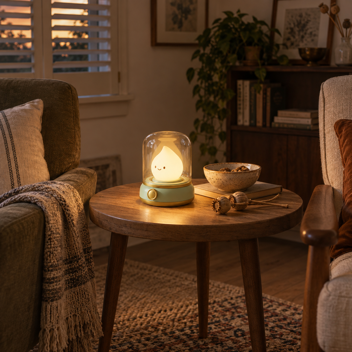 Belmonte flame LED night light in beige, in a sitting room.
