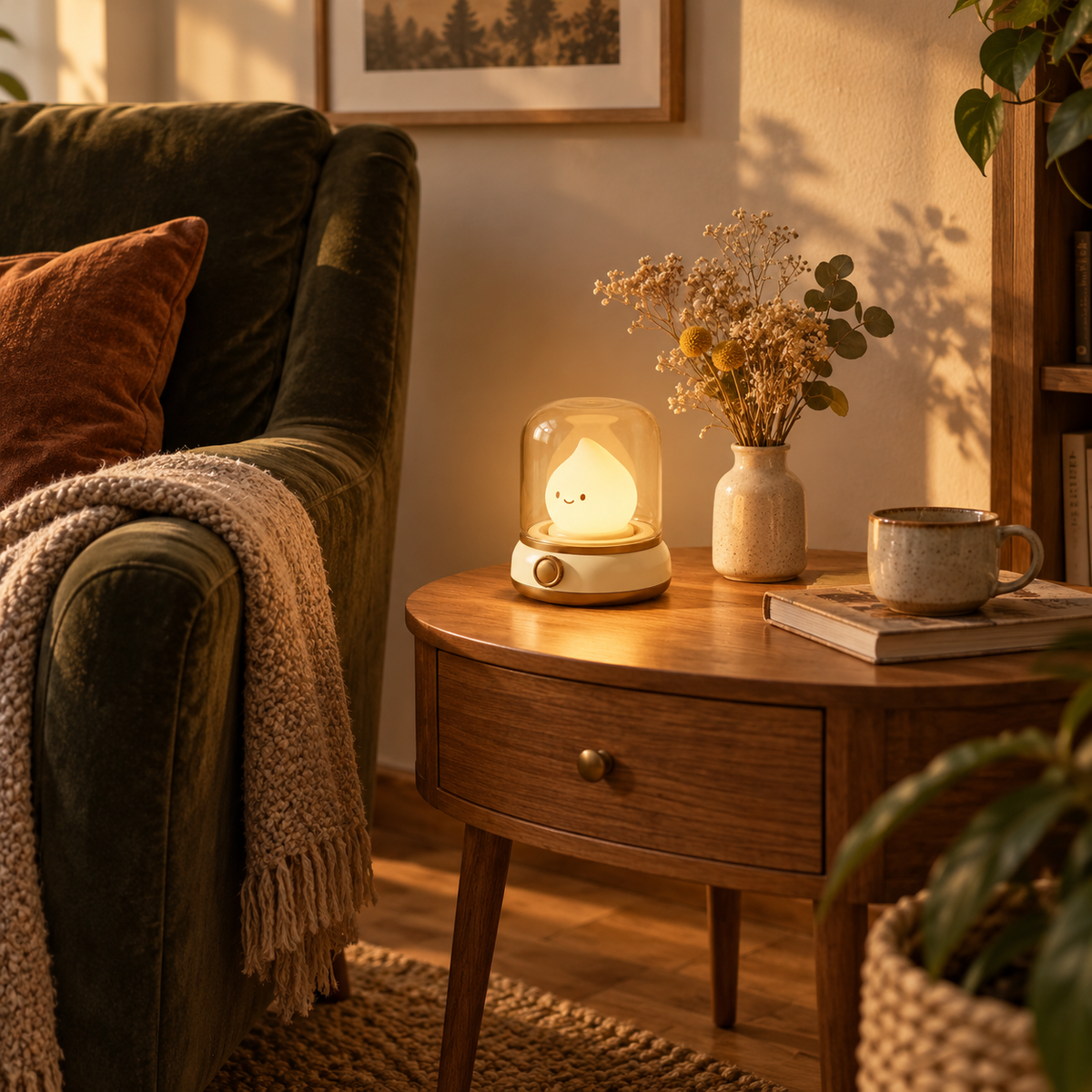 Belmonte flame LED night light in beige, in a living room.