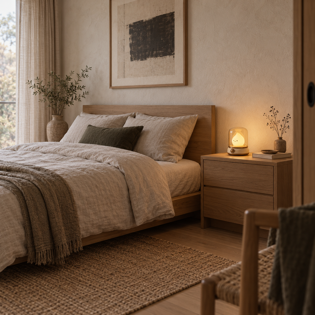 Belmonte flame LED night light in beige, in a bedroom.