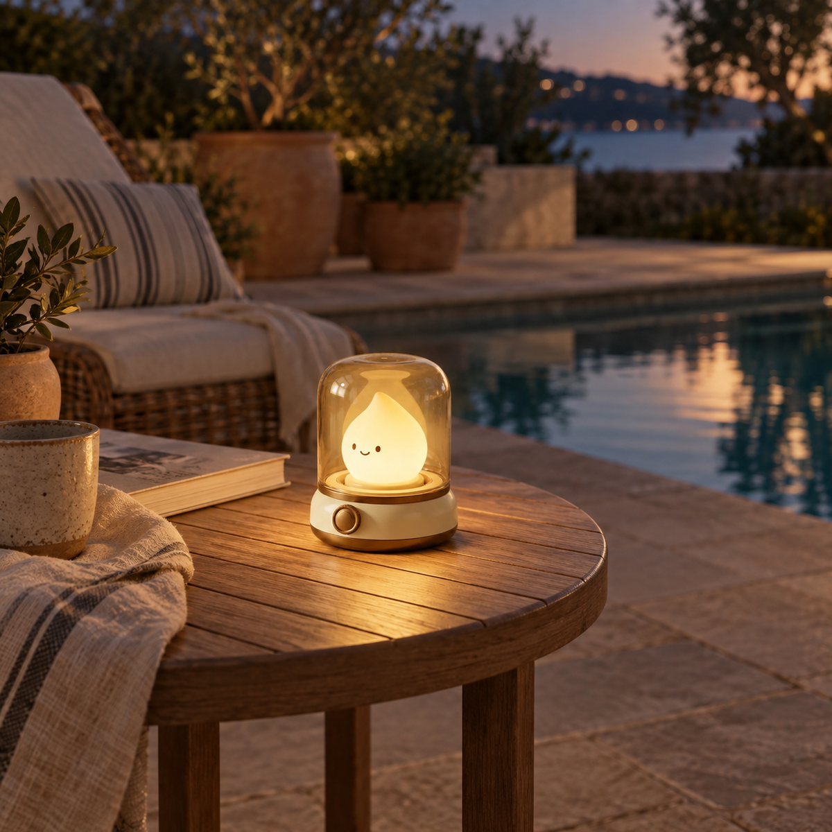 Belmonte flame LED night light in beige, on a patio.