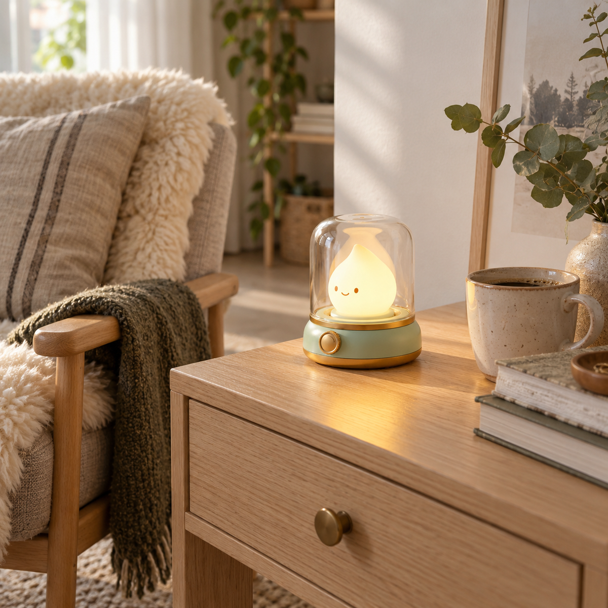 Belmonte flame LED night light in green, in a reading nook.