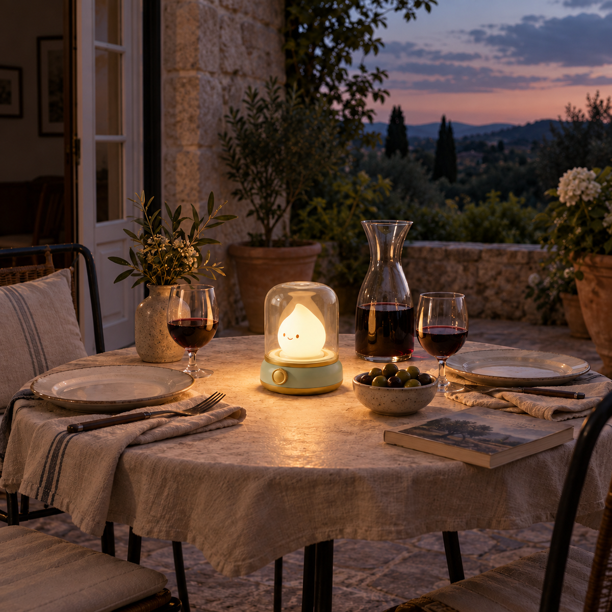 Belmonte flame LED night light in green, on a terrace.