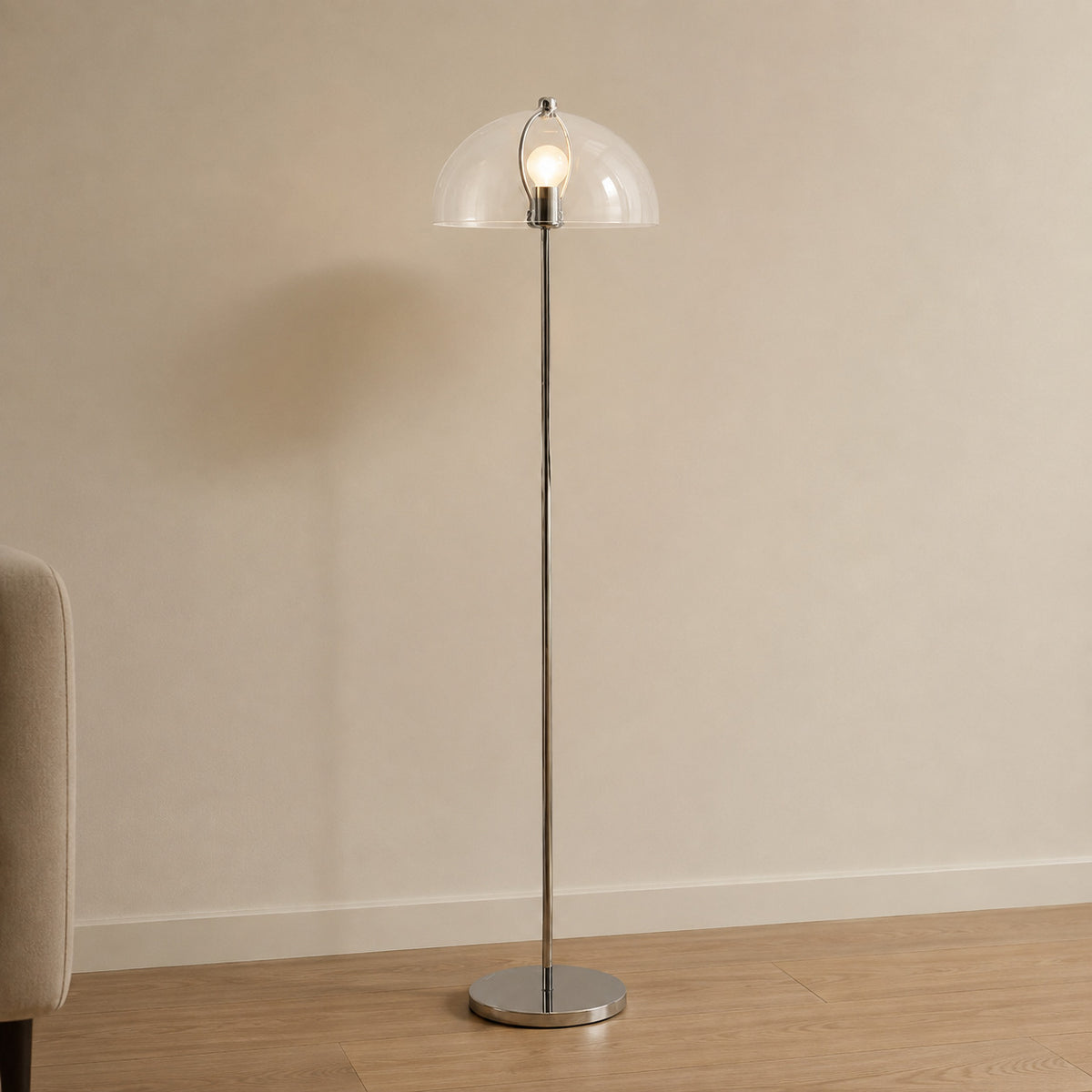 Benavente floor lamp with a clear acrylic dome shade and chrome stem, 155 cm tall