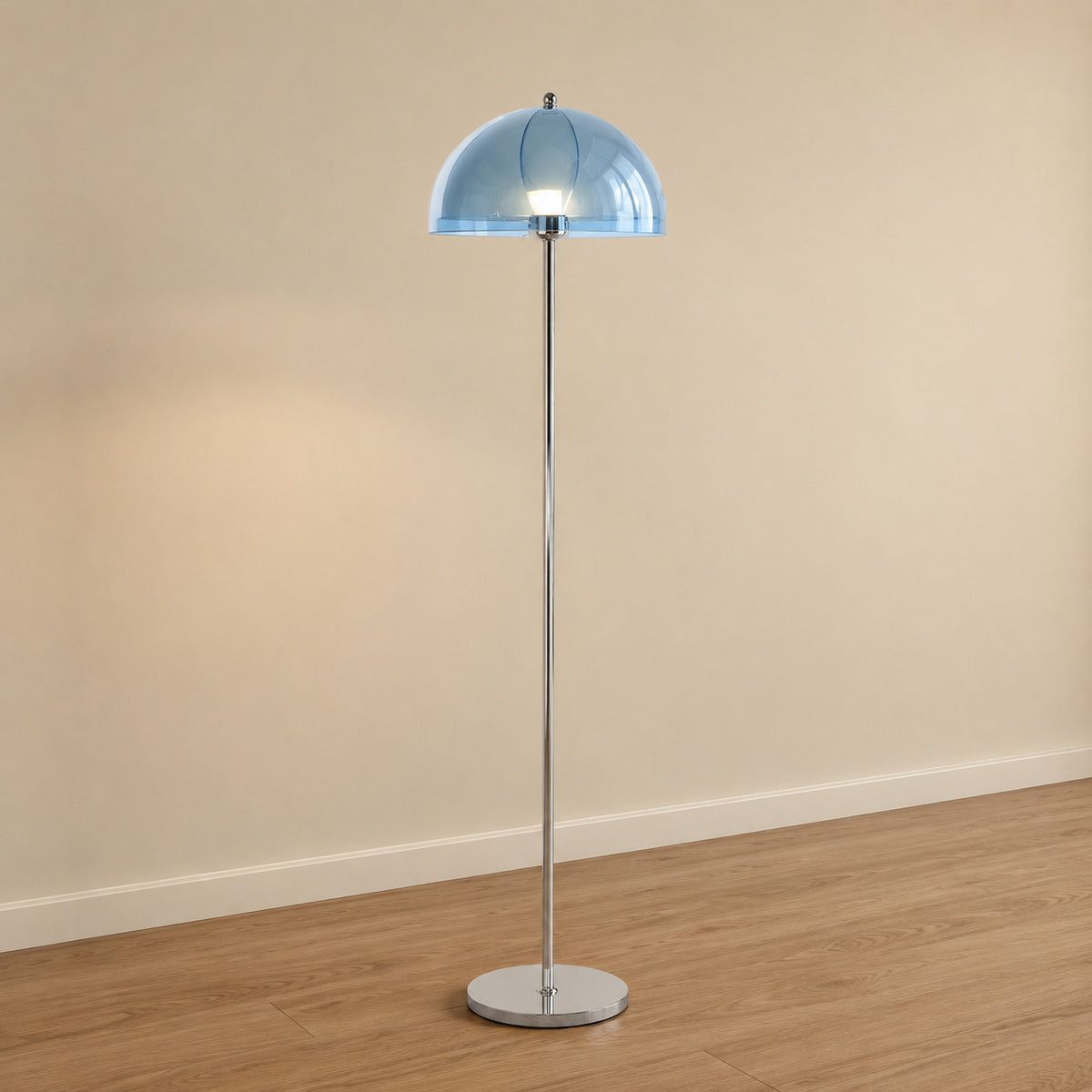 Benavente floor lamp with a pale sky-blue inner dome under a clear acrylic outer shade, chrome stem, 155 cm tall