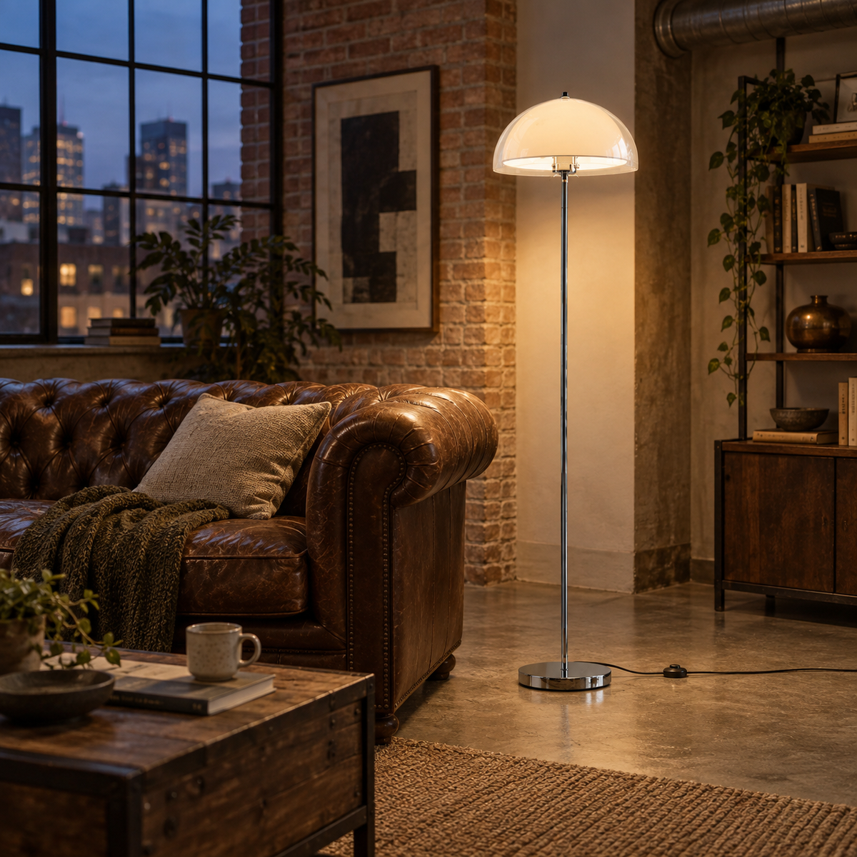 Benavente standing floor lamp, white finishes, in a loft.