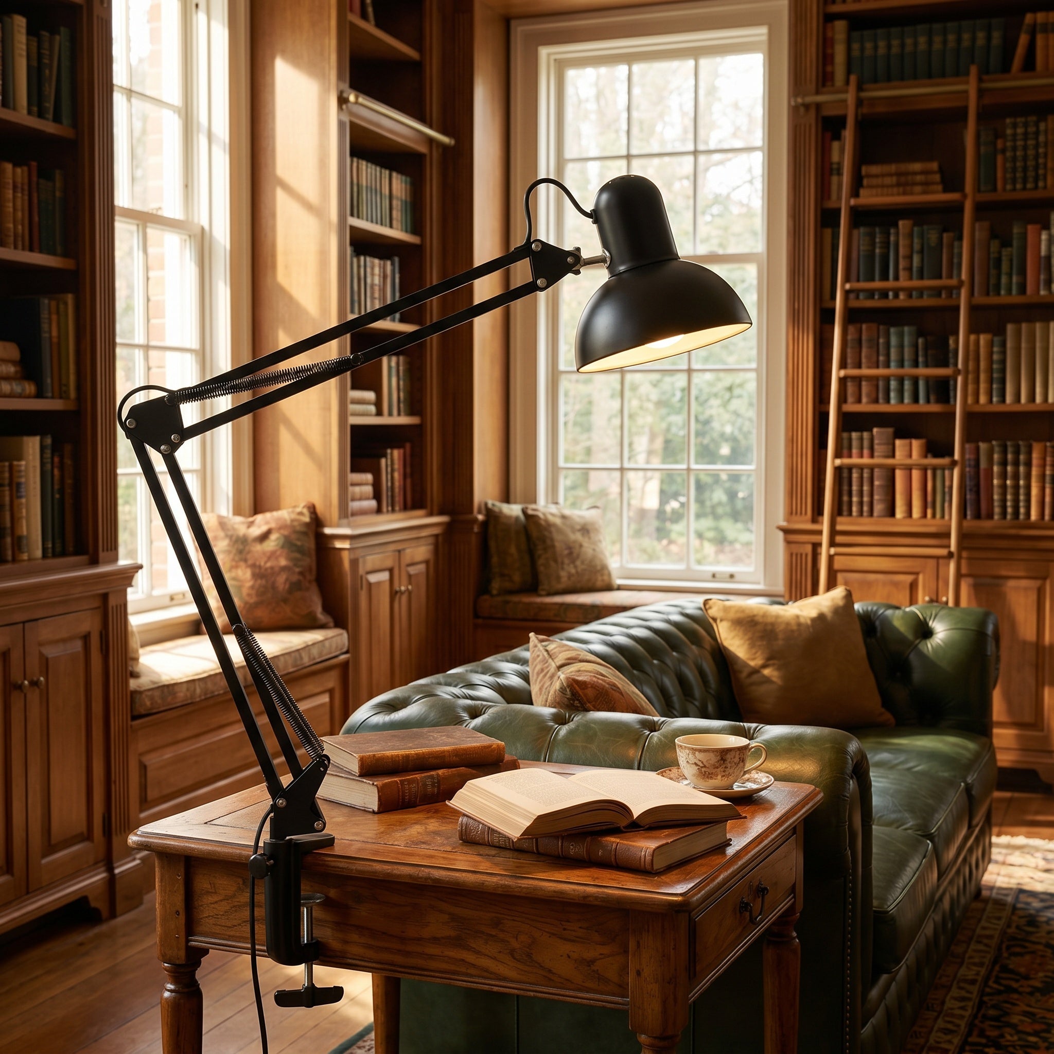 Minimalist clip-mount table lamp in black in a library reading nook.