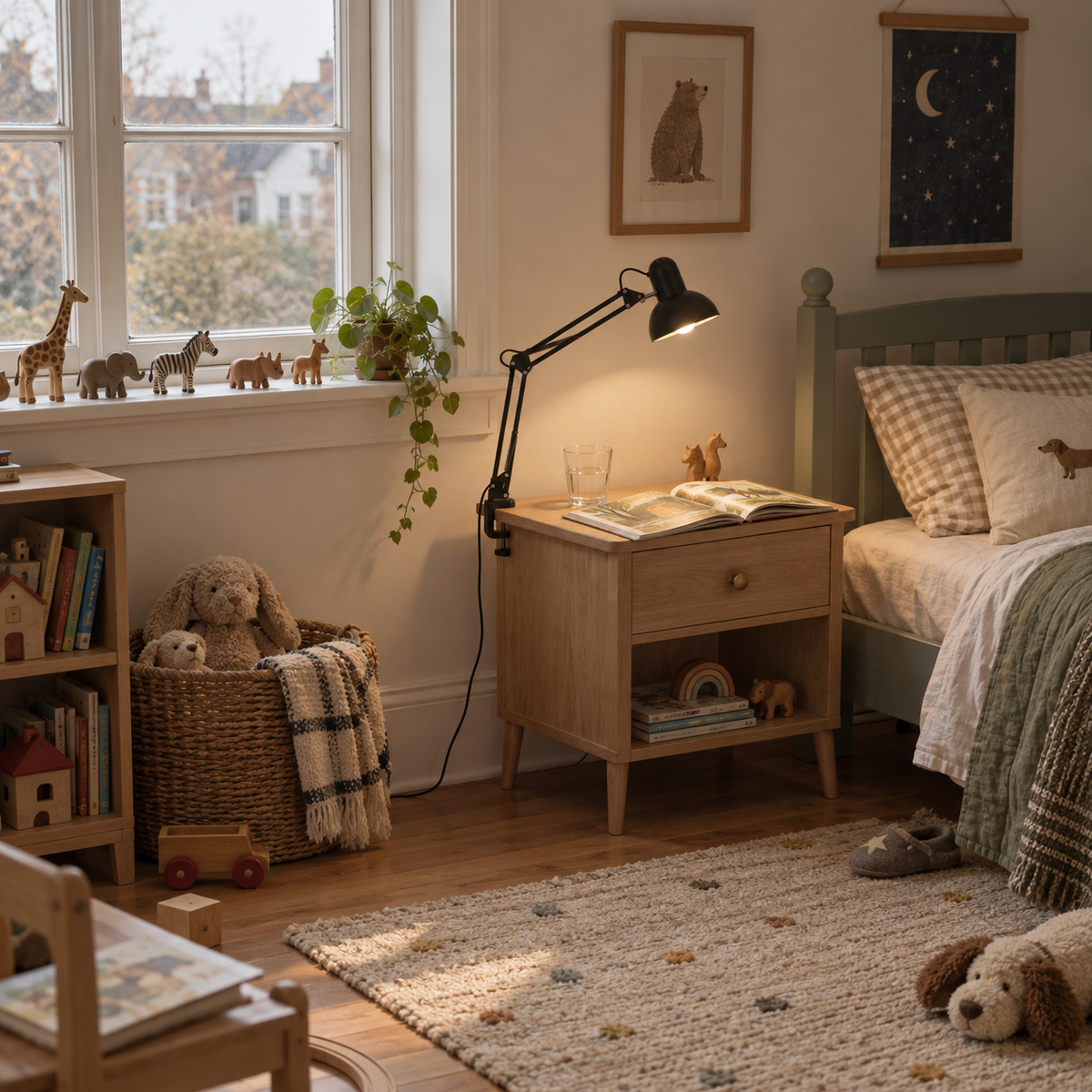 Braga retractable arm table lamp in black, in a bedroom.