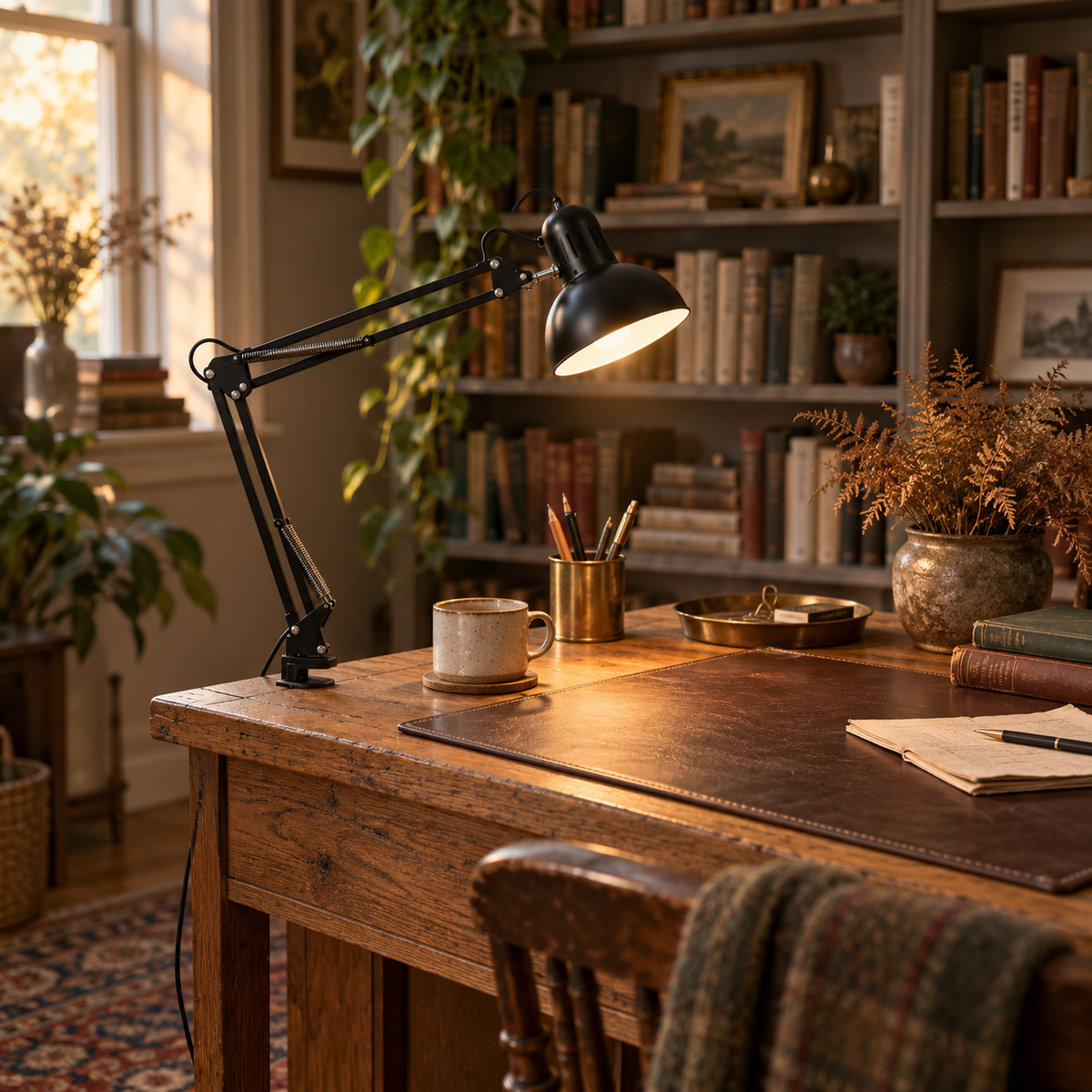 Braga retractable arm table lamp in red, in a study.