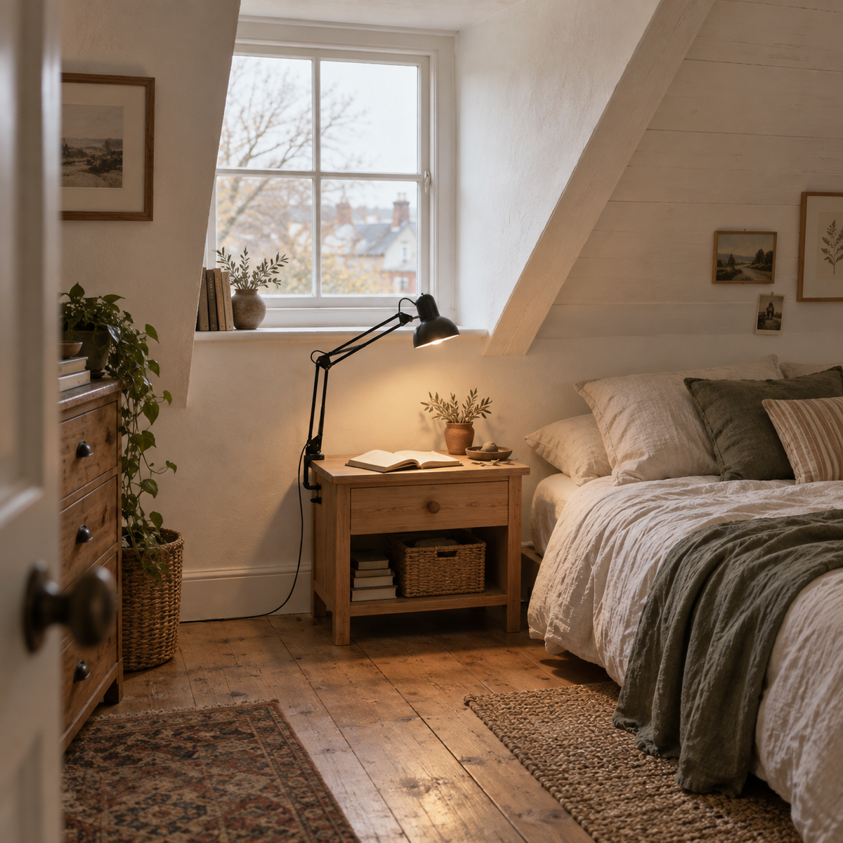 Braga retractable arm table lamp in red, in a bedroom.