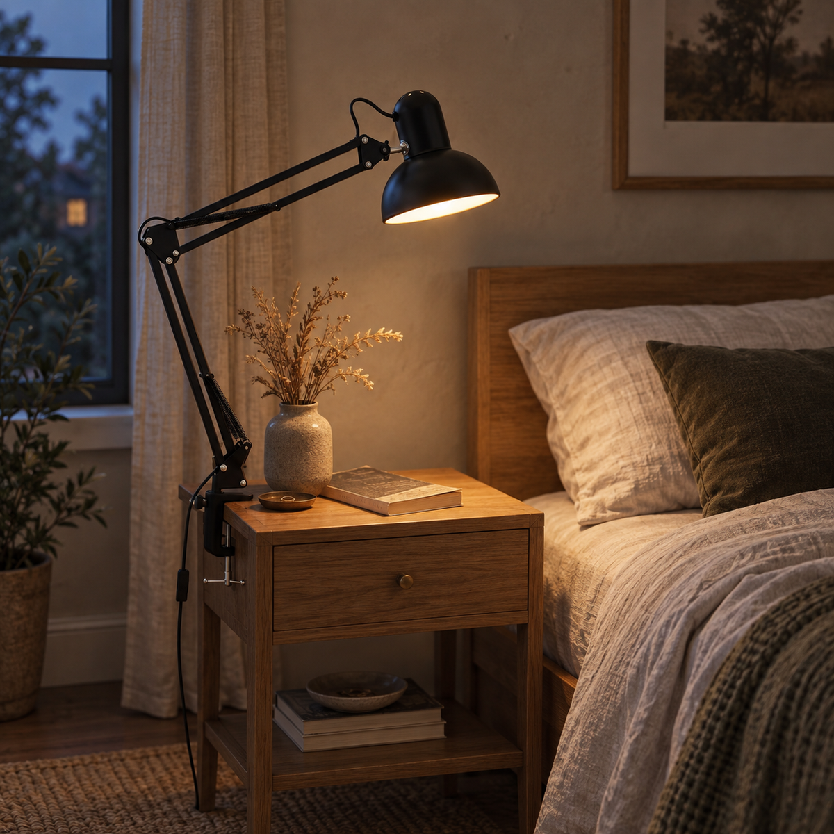 Braga retractable arm table lamp in white, in a bedroom.