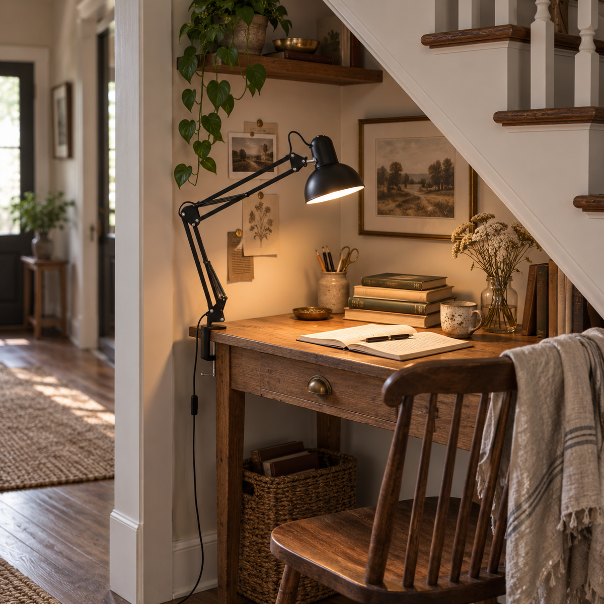 Braga retractable arm table lamp in white, in a nook.