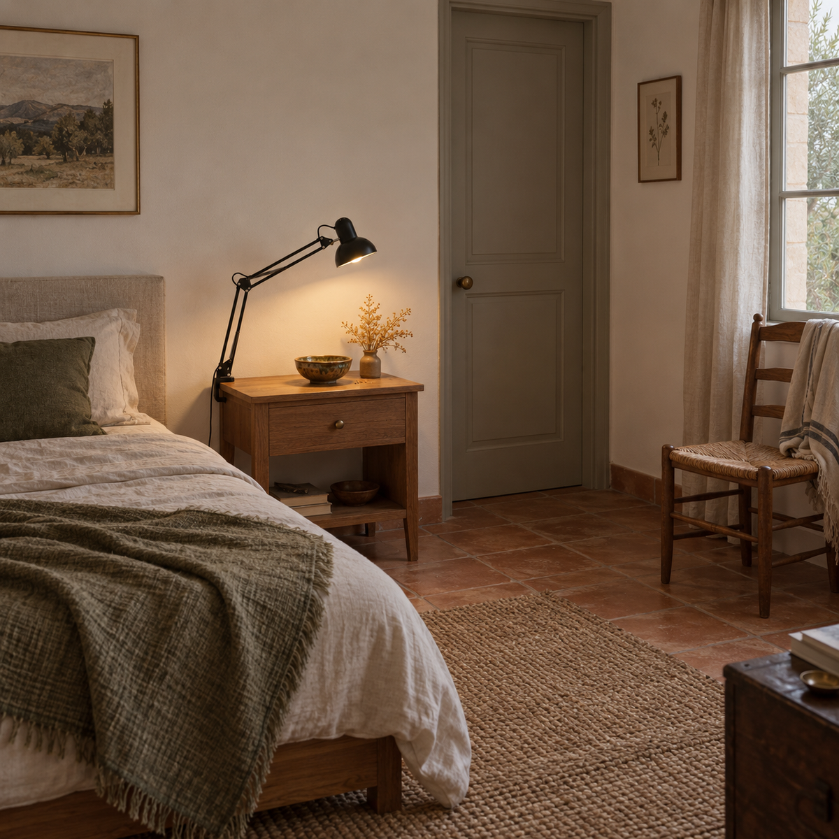 Braga retractable arm table lamp in yellow, in a bedroom.