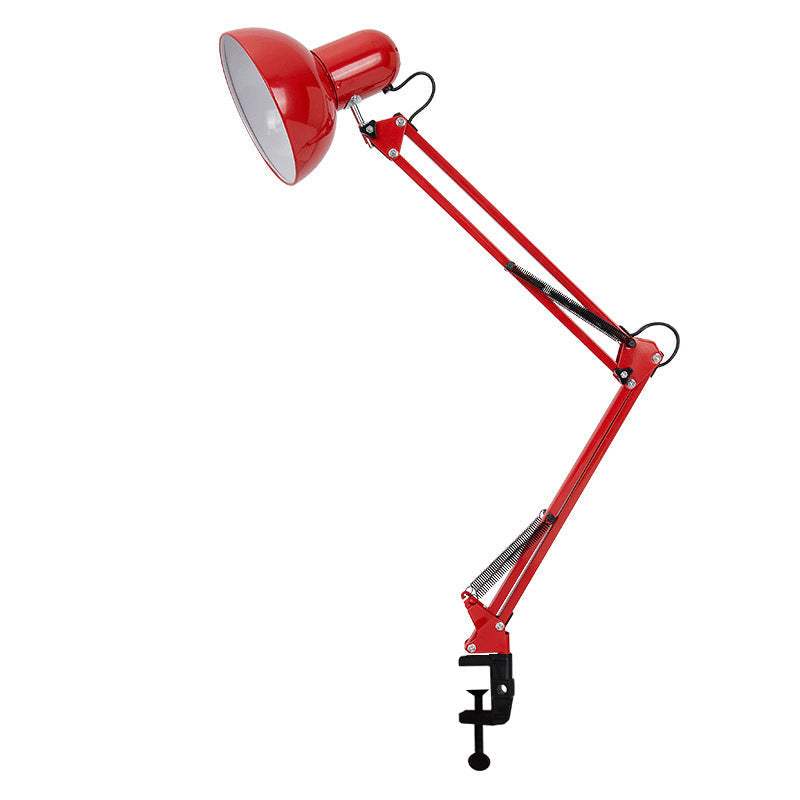 Minimalist clip-mount table lamp with retractable arm in silver, product shot.