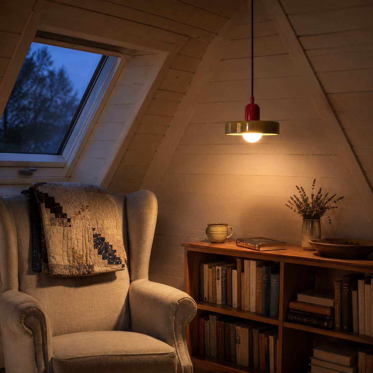 Bragança disc and globe pendant light in beige, beside an armchair.