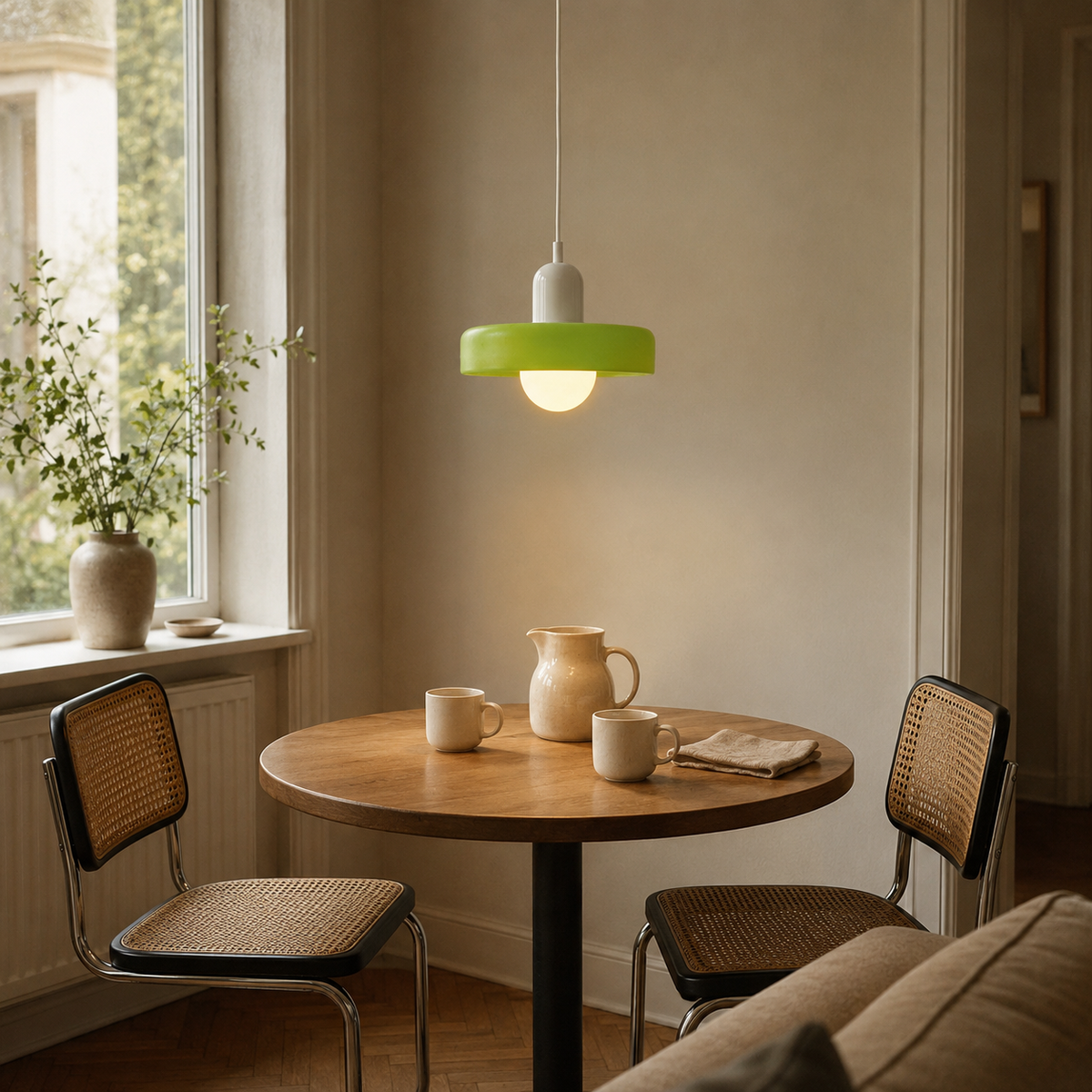 Bragança disc and globe pendant light in black, in a breakfast nook.