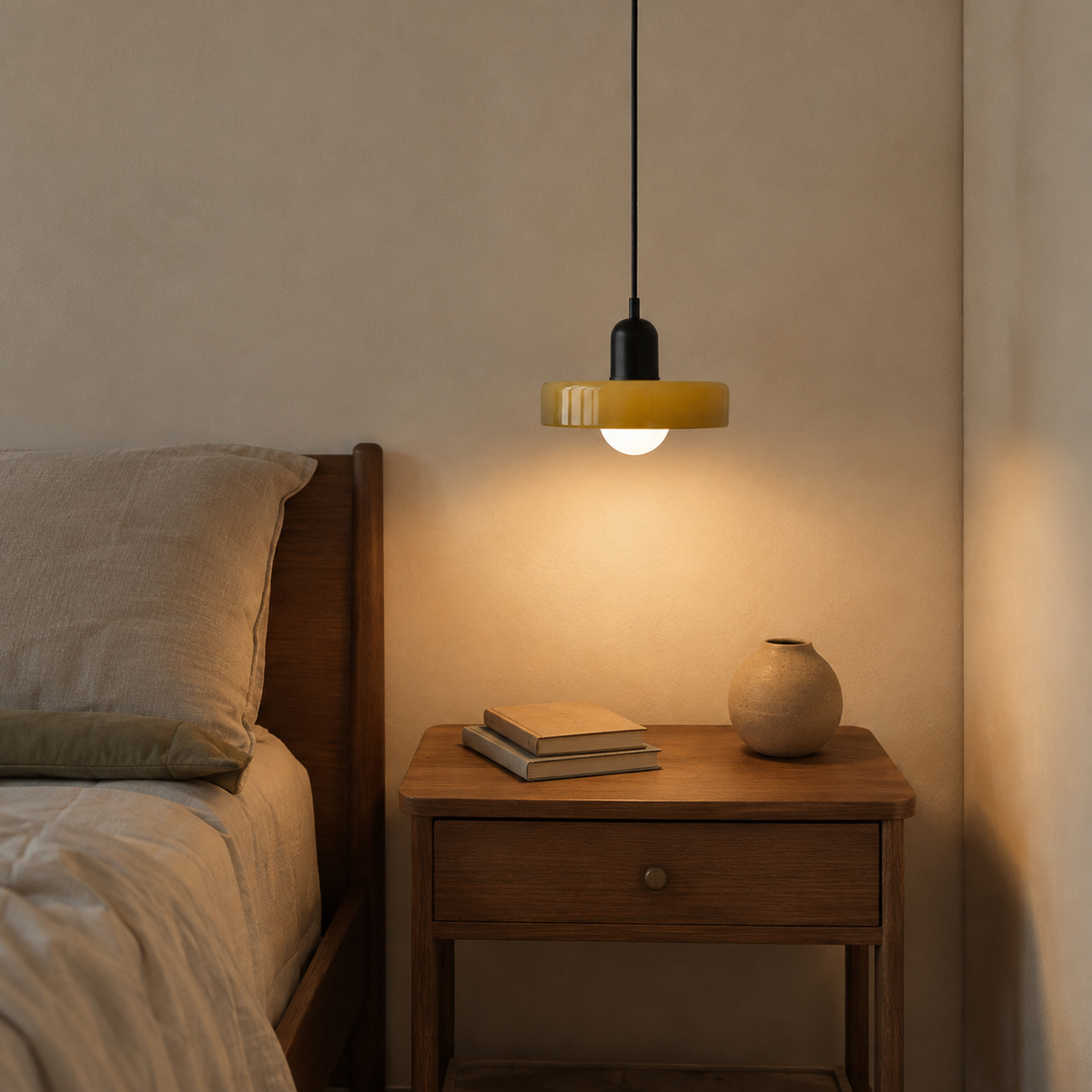 Bragança disc and globe pendant light in black, in a bedroom.