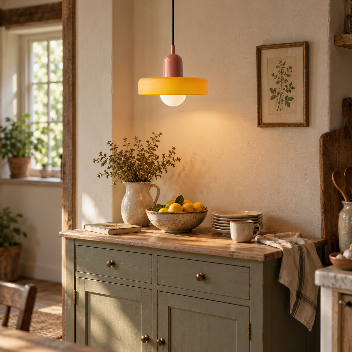 Bragança disc and globe pendant light, frosty yellow shade, in a kitchen.