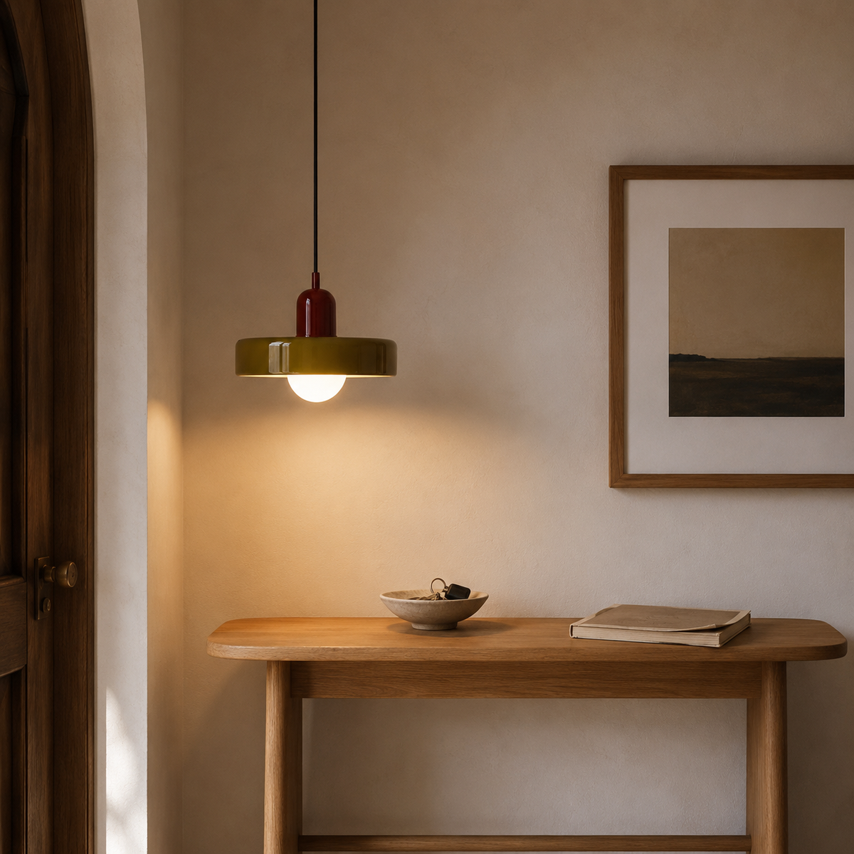 Bragança disc and globe pendant light in green, in an entryway.