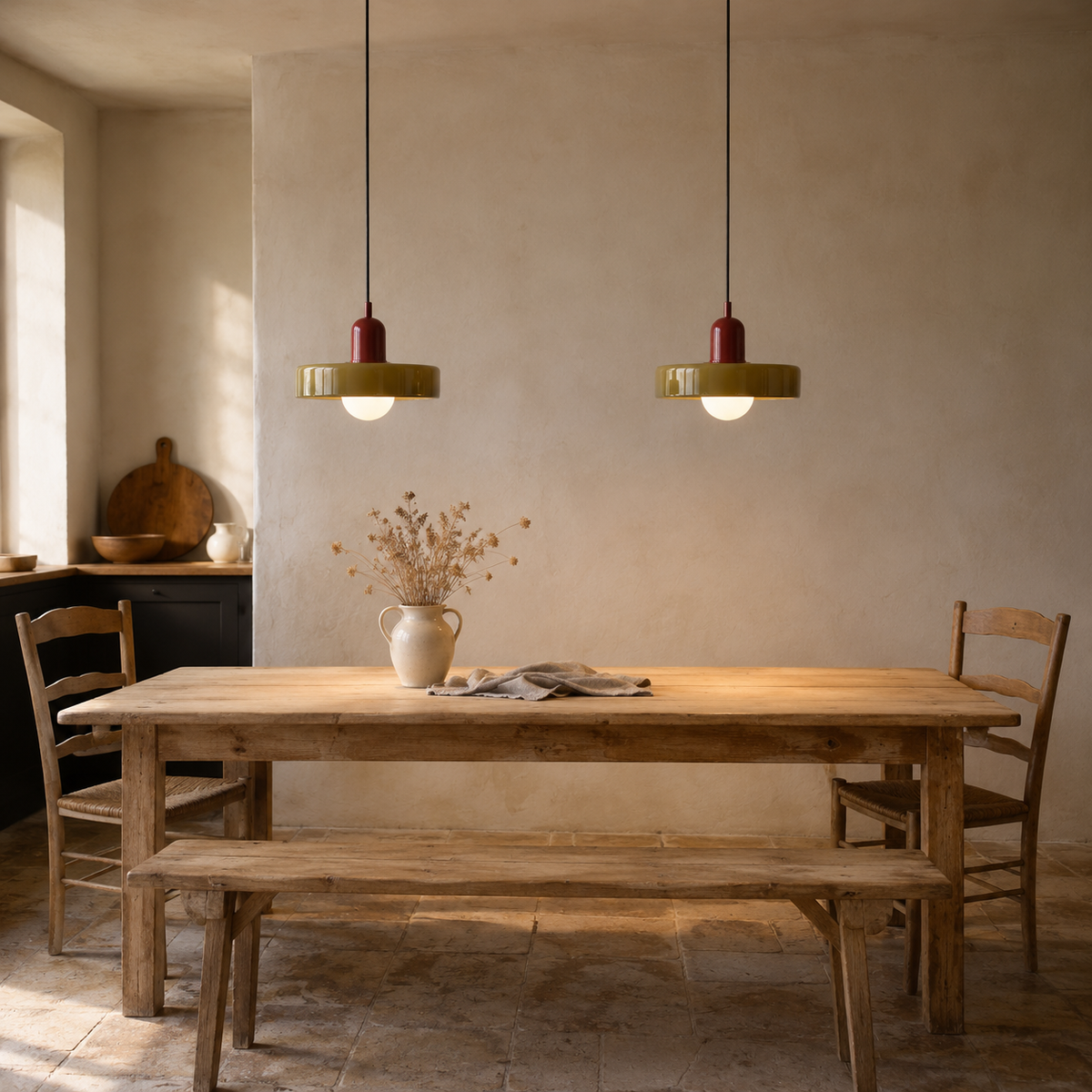 Bragança disc and globe pendant light, green shade, hung as a row of 2 in a kitchen.