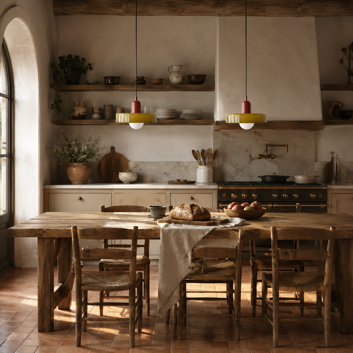 Bragança disc and globe pendant light in pink, hung as a row of 2 in a kitchen.