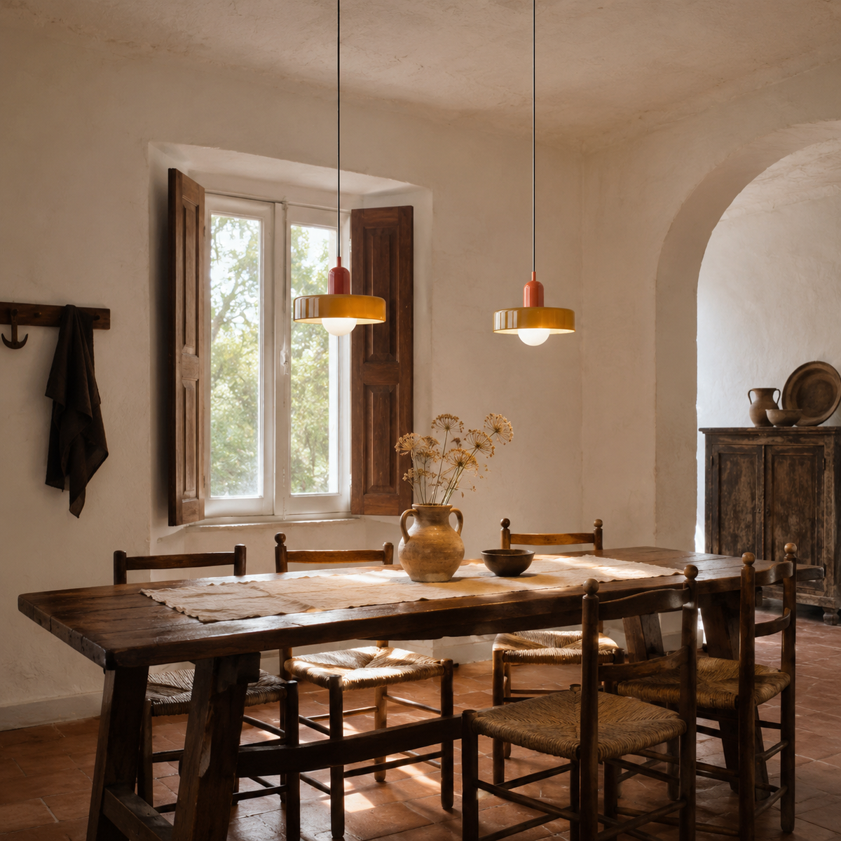 Bragança disc and globe pendant light in yellow, hung as a row of 2 in a dining room.