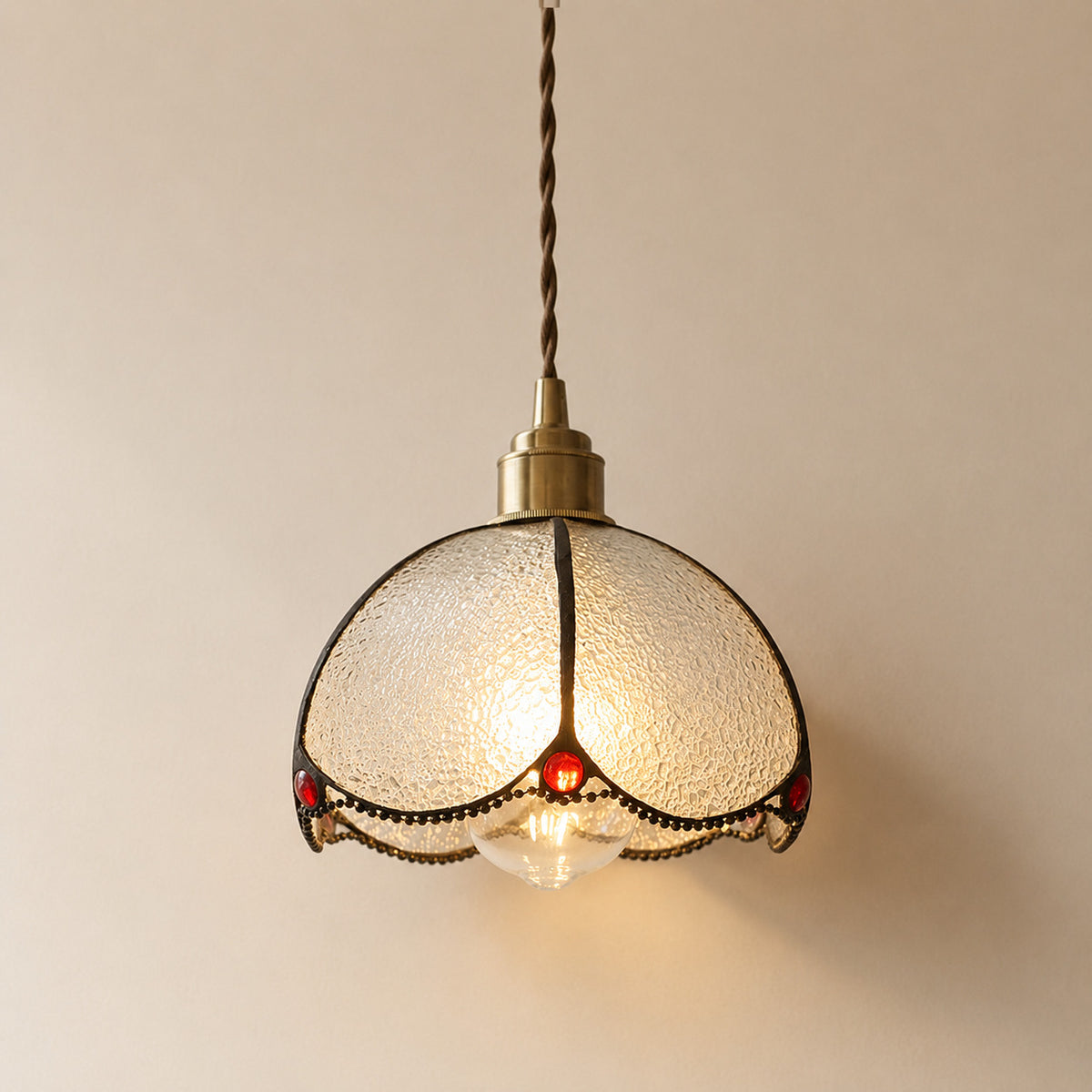 Burgau leaded glass pendant with clear and red accents in a brass frame, 12 cm tall