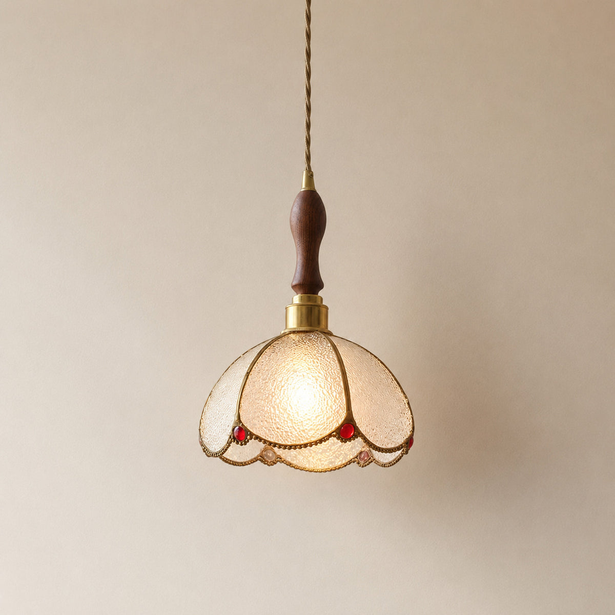 Burgau leaded glass pendant with clear and red accents in a brass frame, 21 cm tall
