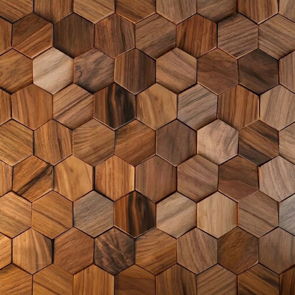Bússola hexagon panel in a living room, walnut tiles on a feature wall.
