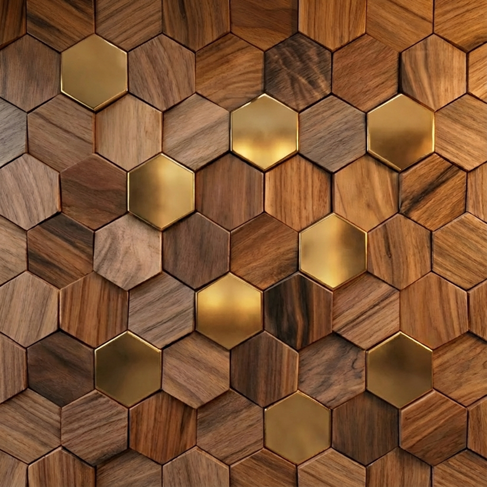 Bússola hexagon panel detail, walnut hexes at varying heights.