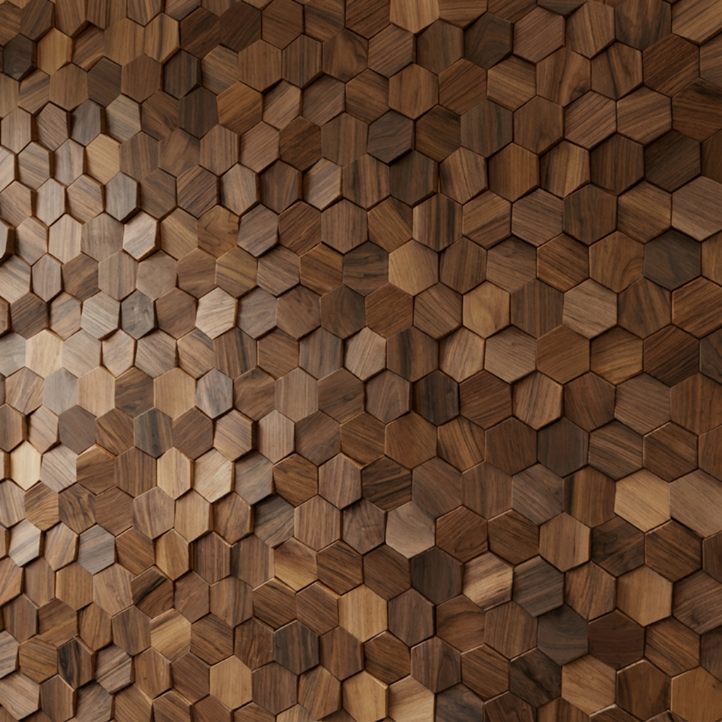 Bússola hexagon panel in a bedroom, walnut tiles behind the headboard.