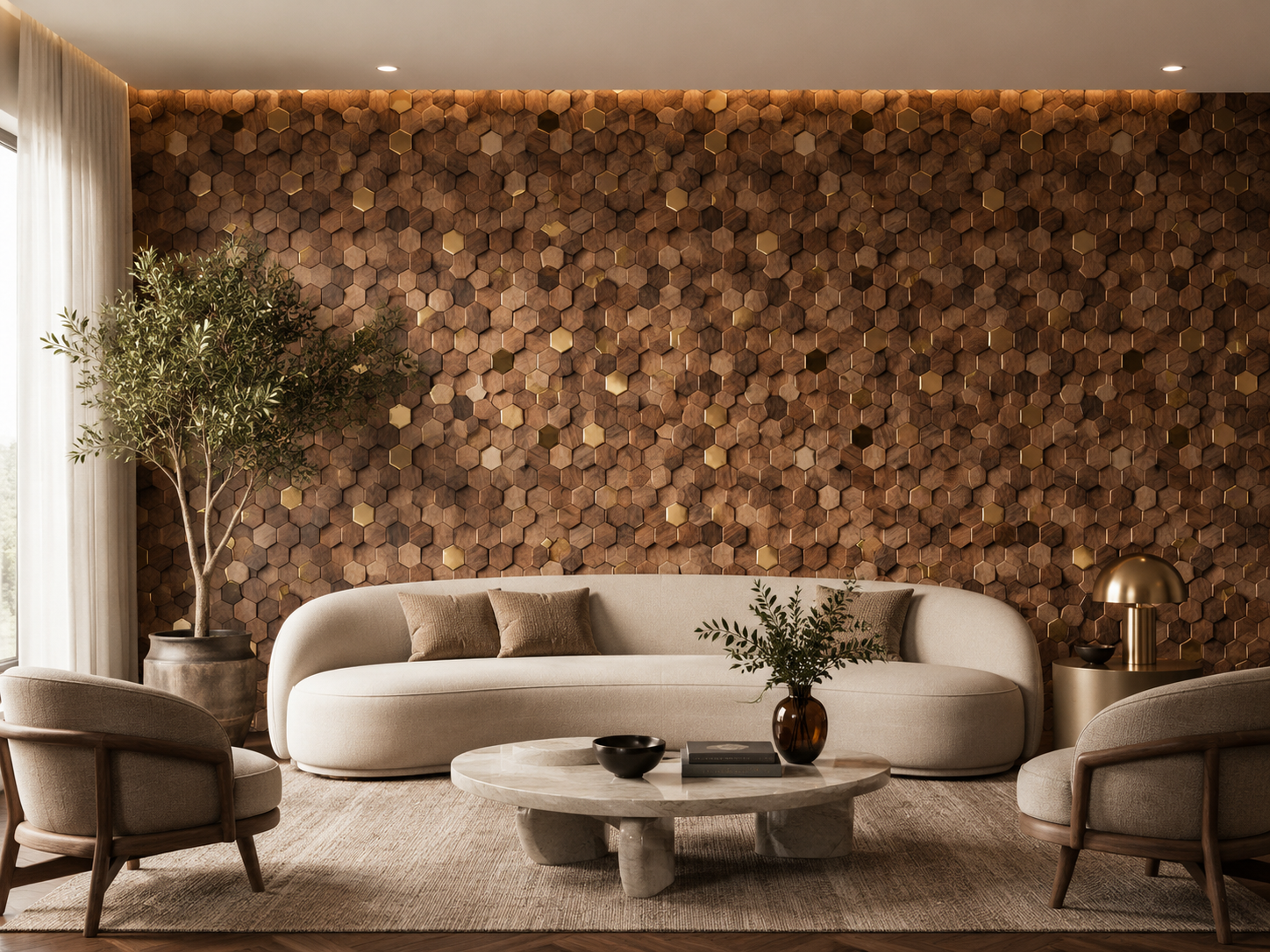 Bússola hexagon panel in a styled lounge, warm wood tones.