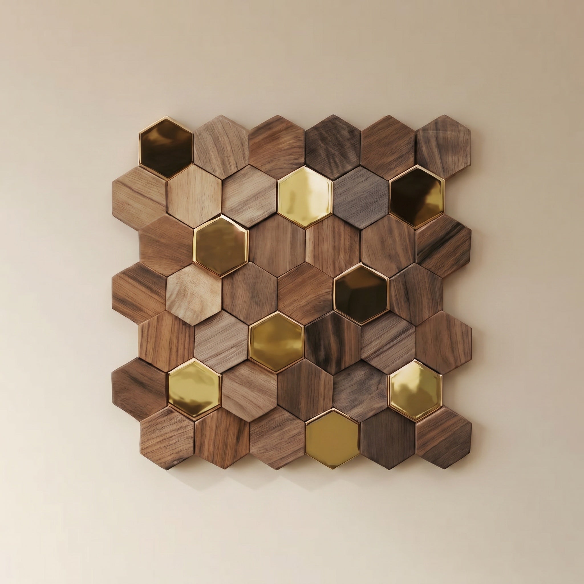 Bússola hexagon mosaic wall panel in walnut with brass accent tiles.