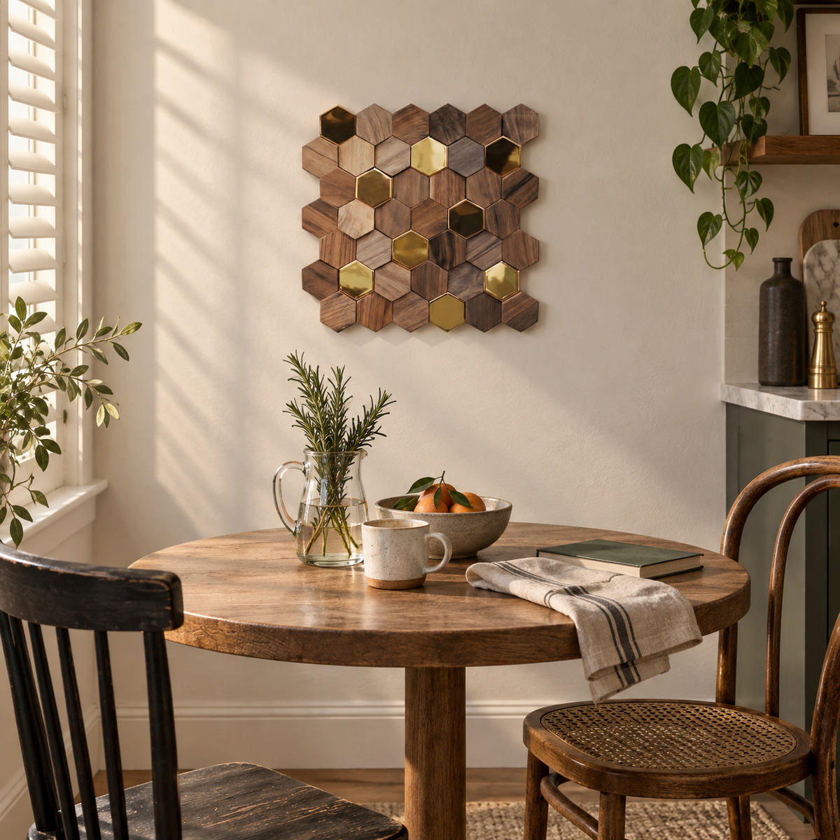 Bússola hexagon mosaic wall panel in walnut, in a breakfast nook.