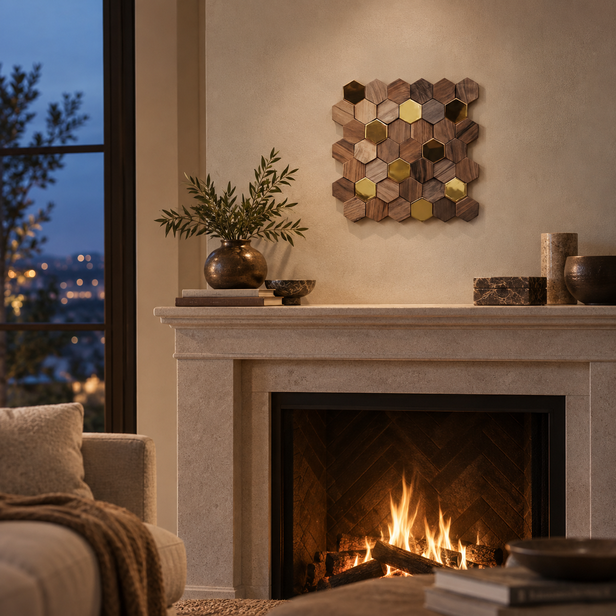 Bússola hexagon mosaic wall panel in walnut, in a living room.