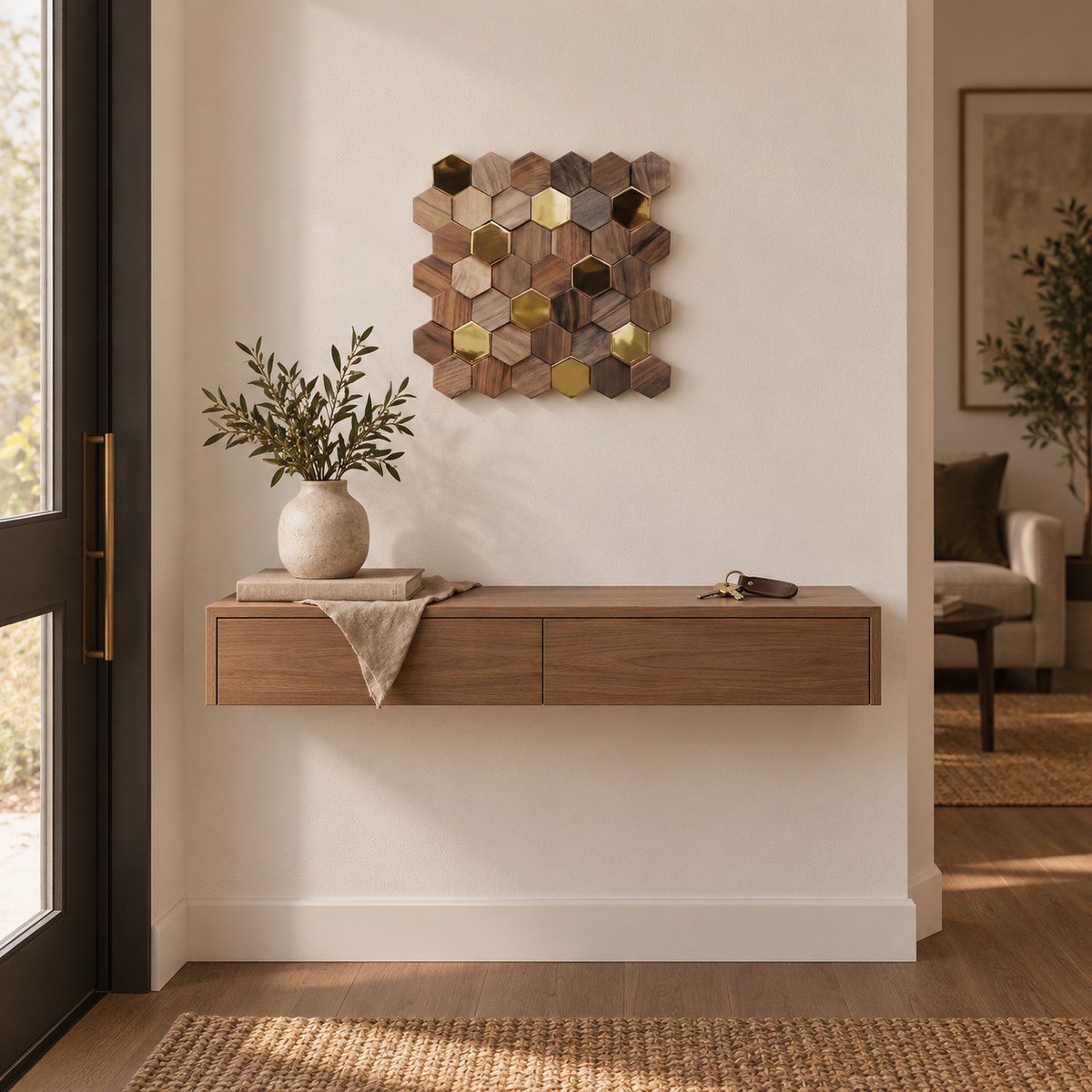 Bússola hexagon mosaic wall panel, walnut & metal, in an entryway.