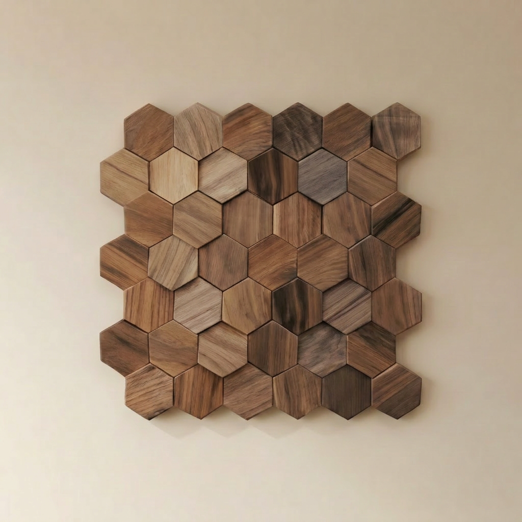 Bússola hexagon mosaic wall panel in solid walnut, varying depths.