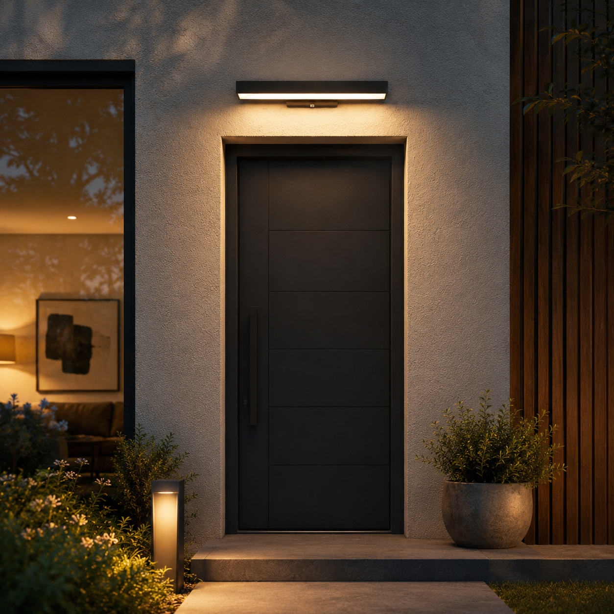 Caminha linear outdoor wall light, stainless steel frame with motion sensor