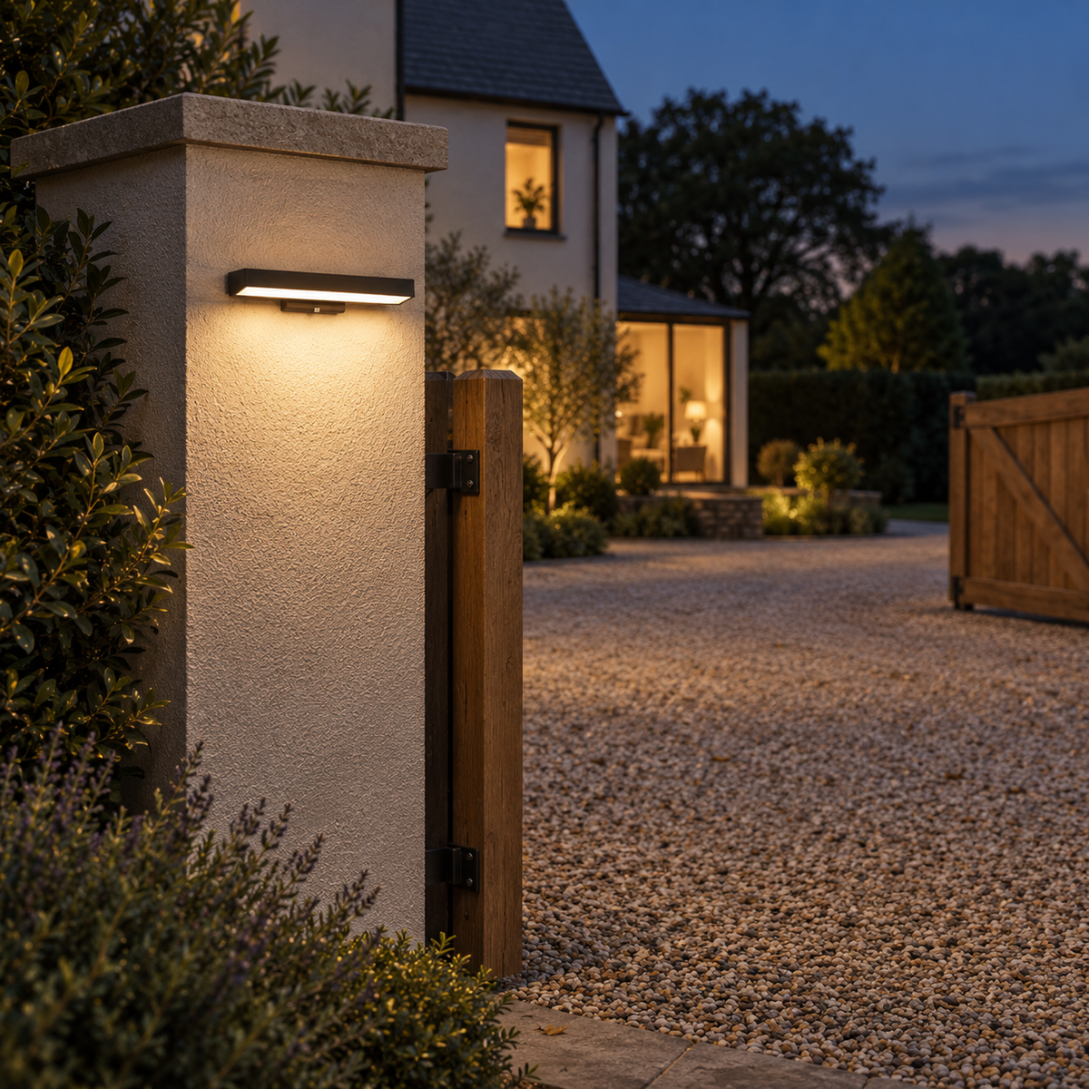 Caminha linear outdoor wall light, on a drive.