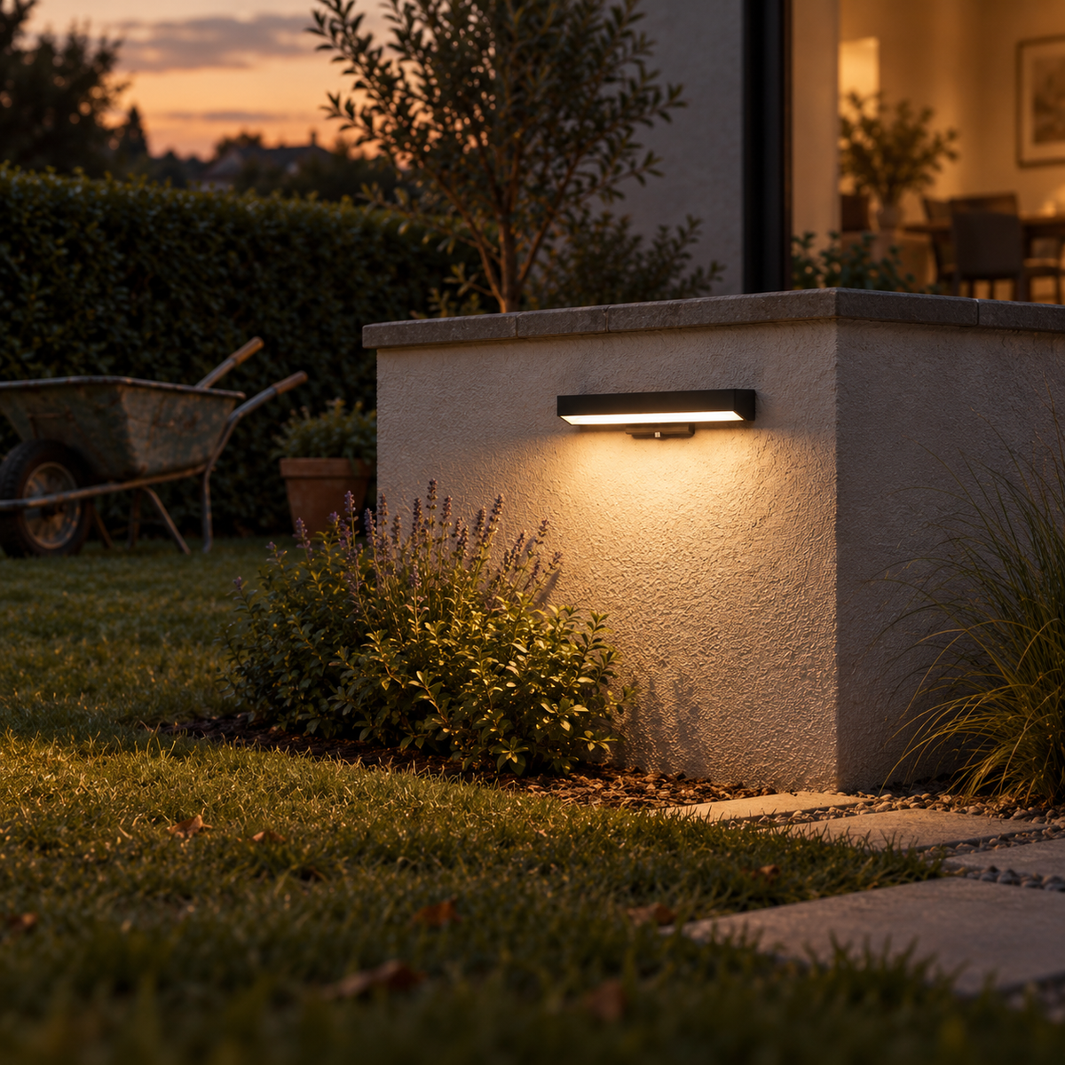 Caminha linear outdoor wall light, on a lawn.