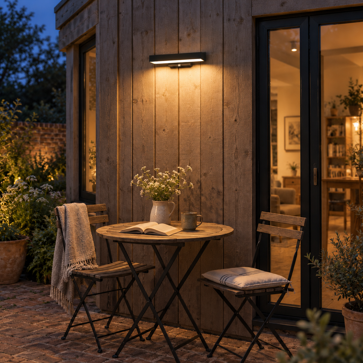 Caminha linear outdoor wall light, on a terrace.