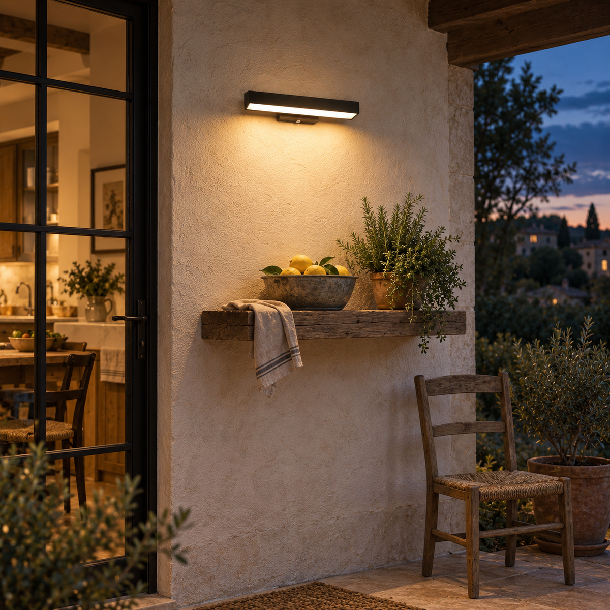 Caminha linear outdoor wall light, on a porch.