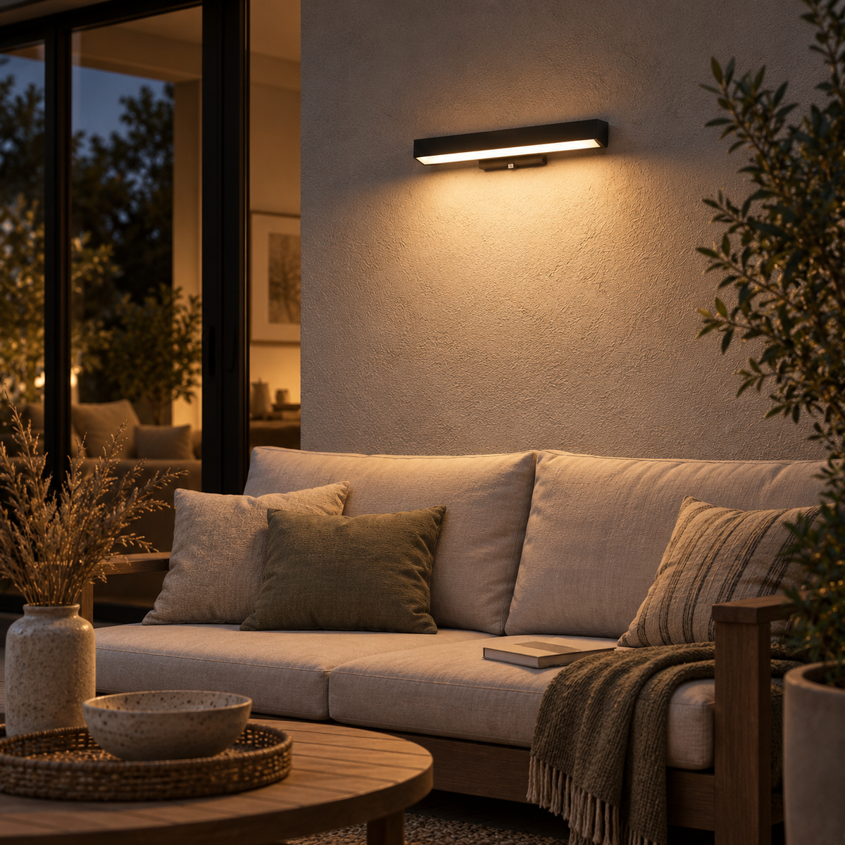 Caminha linear outdoor wall light, on a terrace, beside a sofa.