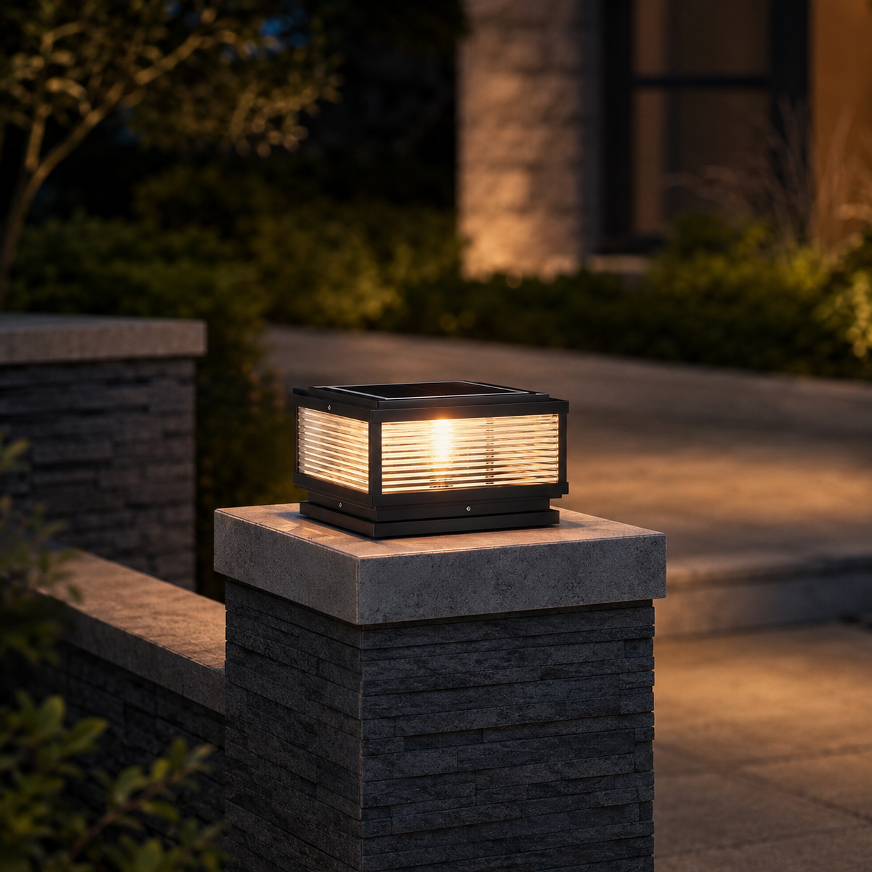Carvoeiro outdoor pillar light, square ribbed glass shade, hero shot