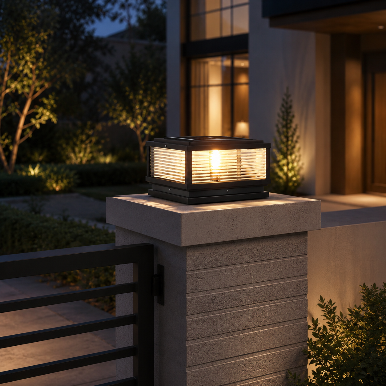 Carvoeiro outdoor pillar light, ribbed glass shade detail