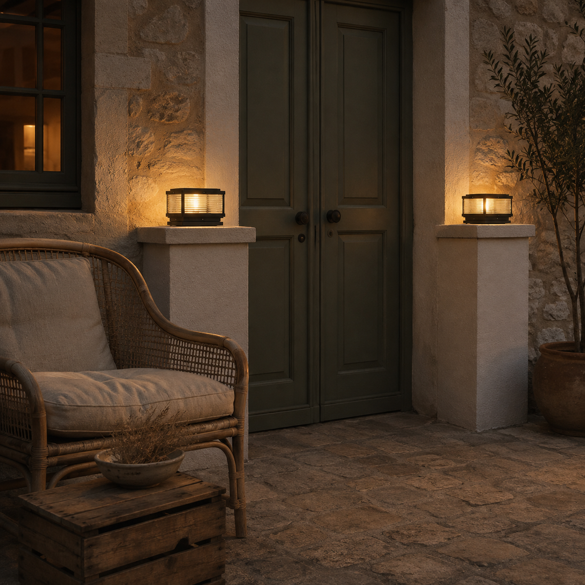 Carvoeiro outdoor pillar light, in a courtyard.